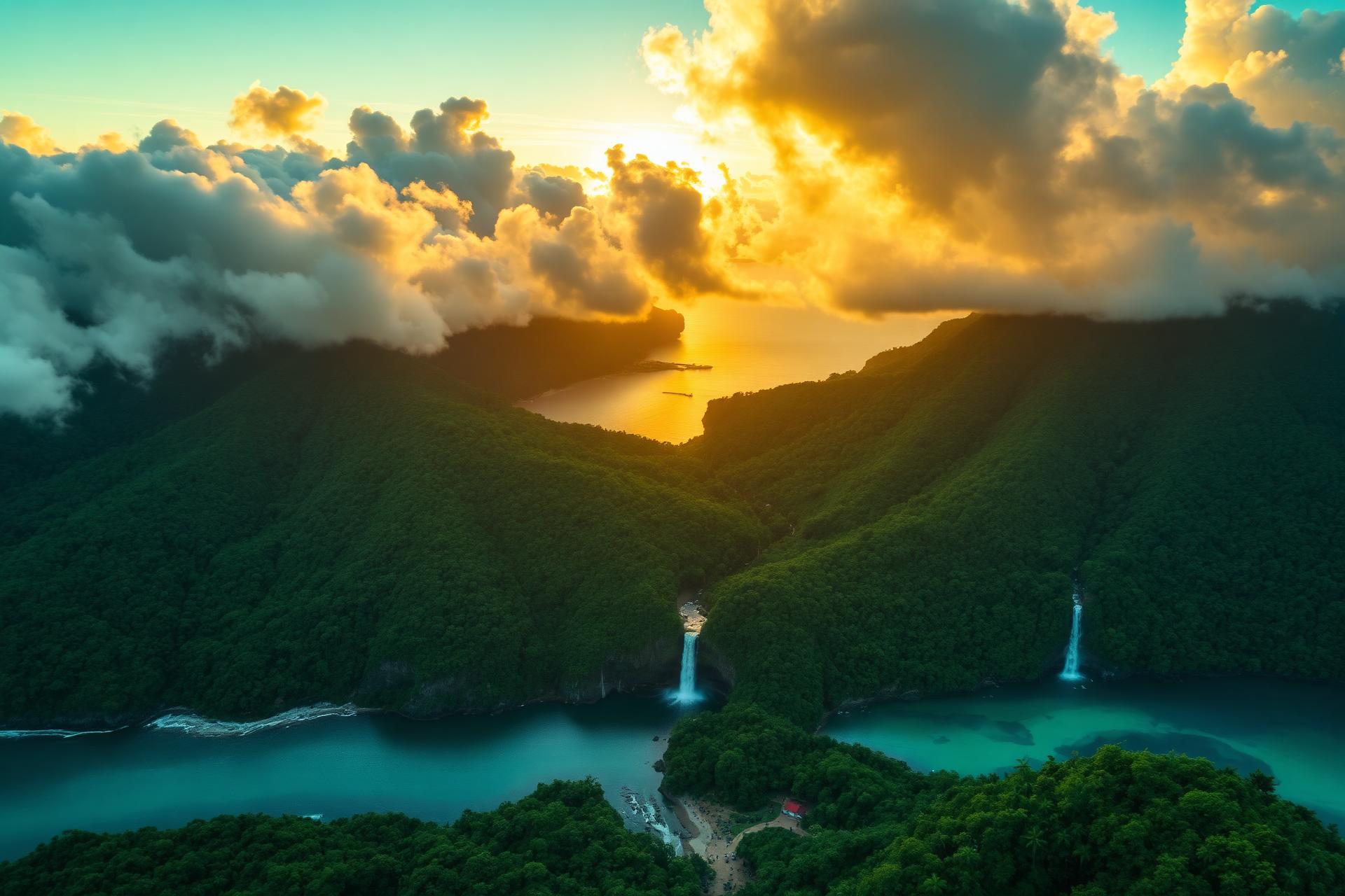 Aerial view of Dominica's rainforest, waterfalls and Caribbean coast